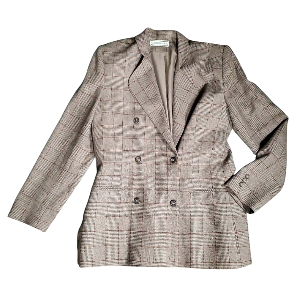 Vtg USA Cardiere et Cie Designer Wool Glenplaid Double Breasted Blazer Jacket 14